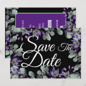 Save The Date 花の紫の花 白い文字 招待状 (正面/裏面)
