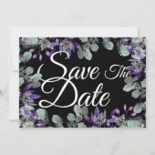 Save The Date 花の紫色の花 白い文字 招待状 (正面)