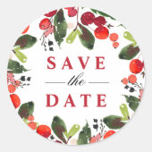 Save the Date 赤いクリスマスのグリーンリース ラウンドシール (正面)
