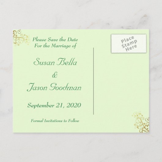 Save the Date--金ゴールド渦巻き旋回とSeaooam 案内ポストカード (裏面)