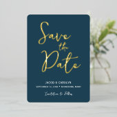Save the Date 青いターコイズ ゴールドのウェディング 箔招待状 (立ち正面)