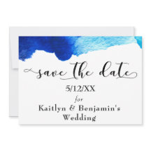 "Save the Date" 黒のタイポグラフィと青の水彩