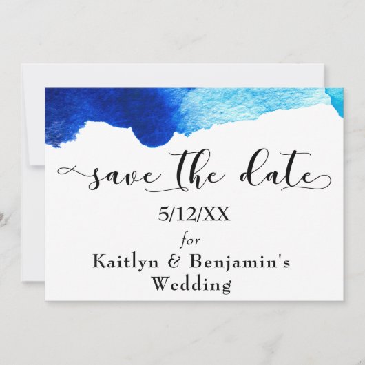 "Save the Date" 黒のタイポグラフィと青の水彩 セーブザデート (正面)