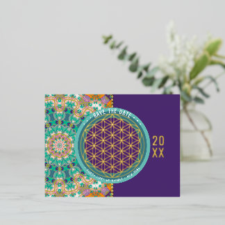 Save the Date Aqua Orange Flower of Life Geometry 箔招待状ポストカード