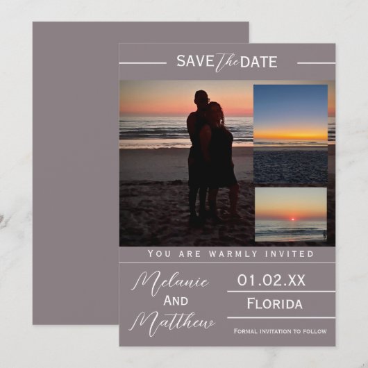 Save the Date Beach Photo Collage 招待状 (正面/裏面)