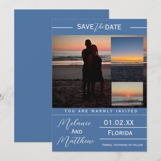 Save the Date Beach Photo Collage 招待状 (正面/裏面)