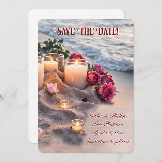 Save the Date Beach Roses Candles 招待状 (正面/裏面)