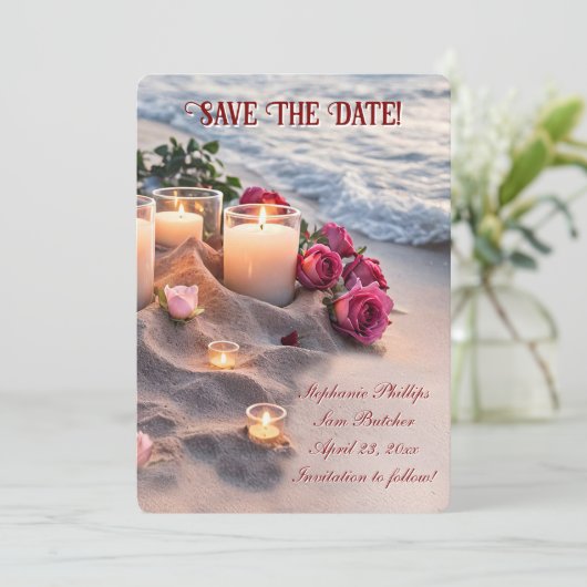 Save the Date Beach Roses Candles 招待状 (スタンド正面)