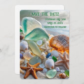 Save the Date Beach Seashells Glass Beautiful 招待状 (正面/裏面)