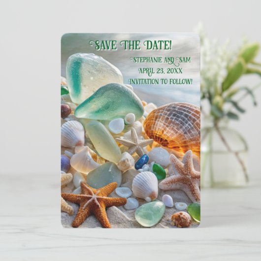 Save the Date Beach Seashells Glass Beautiful 招待状 (スタンド正面)