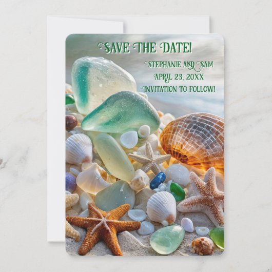 Save the Date Beach Seashells Glass Beautiful 招待状 (正面)