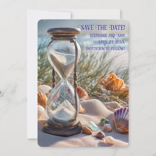 Save the Date Beach Seashells Hourglass 招待状 (正面)