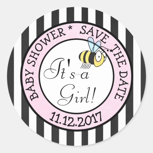 Save the Date, Bee Its a Girl Baby Showerシール ラウンドシール (正面)