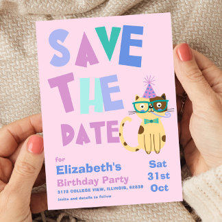 Save the Date Birthday Party Cute Cat Kids Party 招待状