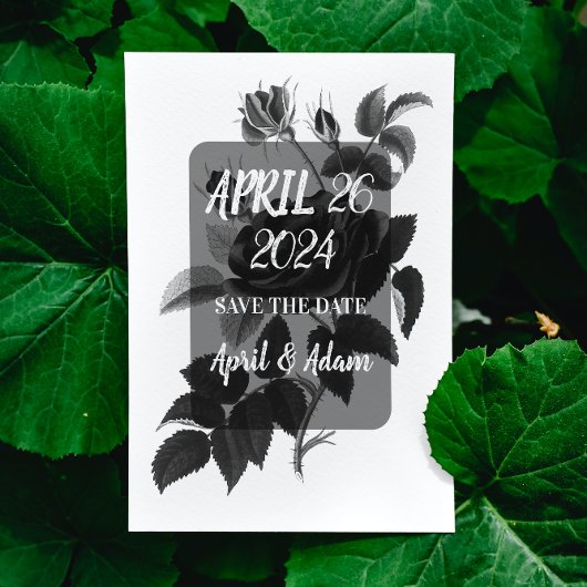 Save the Date Black and White Rose Botanical セーブザデート