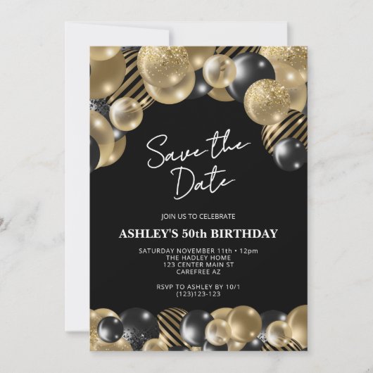 Save the Date Black Gold 50th Birthday 招待状 (正面)