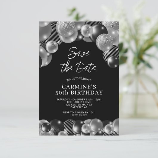 Save the Date Black Silver 50誕生日 招待状 (スタンド正面)