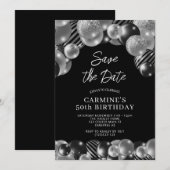 Save the Date Black Silver 50誕生日 招待状 (正面/裏面)