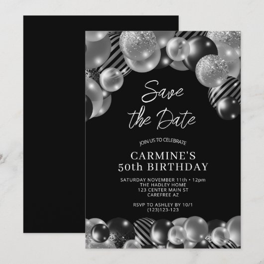 Save the Date Black Silver 50誕生日 招待状 (正面/裏面)