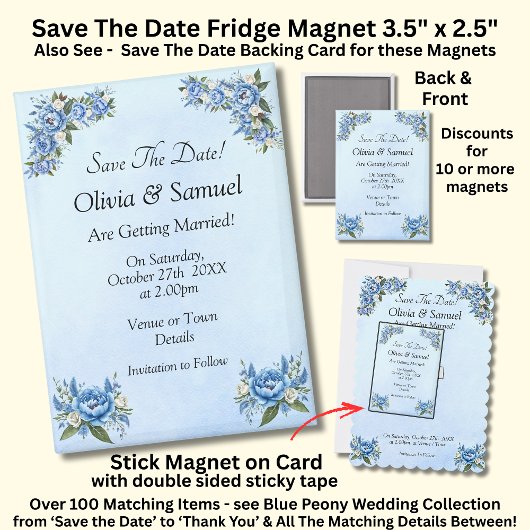 Save The Date, Blue Peony 5" x 2.5" 冷蔵庫 マグネット
