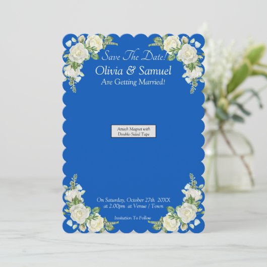 Save The Date - Blue White Magnet Backing Card (スタンド正面)