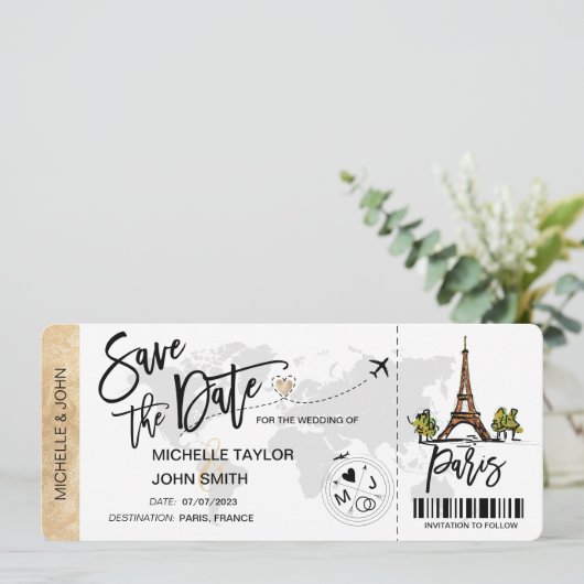 Save the Date Boarding Pass Paris Wedding 招待状 (スタンド正面)