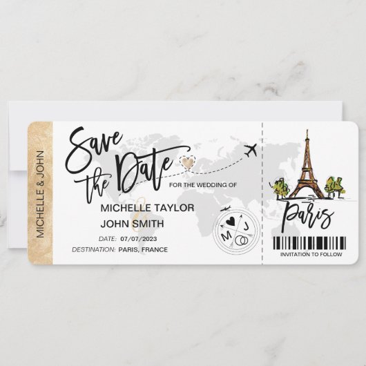 Save the Date Boarding Pass Paris Wedding 招待状 (正面)
