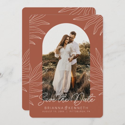 Save the Date Boho Arch Photo on Botanical 招待状 (正面/裏面)