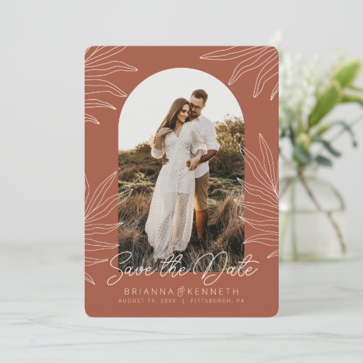 Save the Date Boho Arch Photo on Botanical 招待状 (スタンド正面)