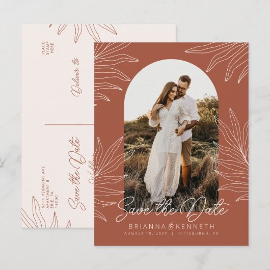 Save the Date Boho Arch Photo Terracotta Botanical ポストカード (正面/裏面)