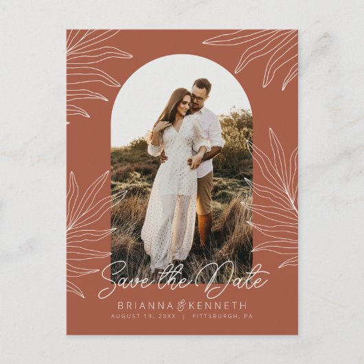 Save the Date Boho Arch Photo Terracotta Botanical ポストカード (正面)
