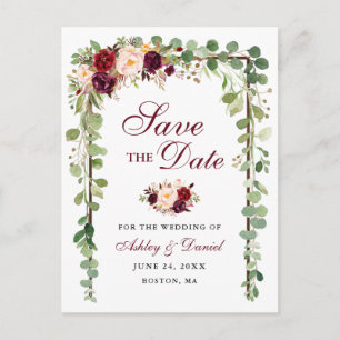 Save The Date Botanical Green Burgundyフローラ 案内ポストカード
