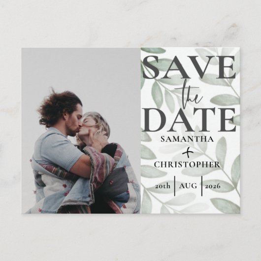 Save the Date Botanical Sage Green Photo 結婚's A 案内ポストカード (正面)