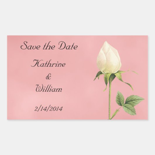 Save the Date Botanical White Rosebud 長方形シール (正面)