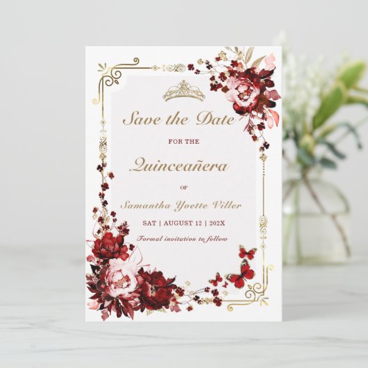 Save The Date Burgundyと金ゴールドキンセアニェラ 招待状 (スタンド正面)