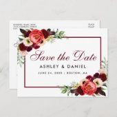 Save The Date BurgundyフローラBoho 案内ポストカード (正面/裏面)