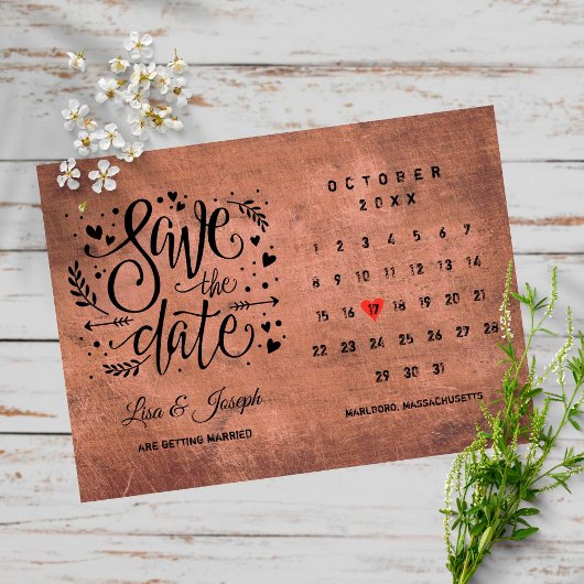 Save the Date Calendar Red Love Heart Rustic Wood ポストカード