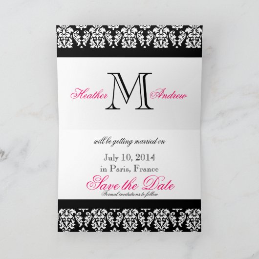 Save the Date Cards Monogram Hot Pink Damask 案内状 (内部)