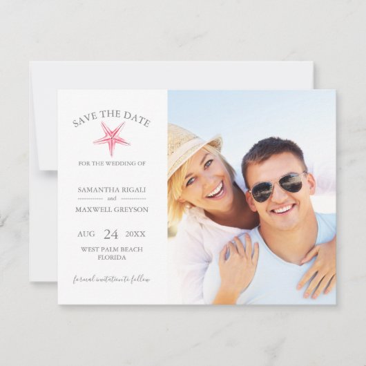 SAVE THE DATE Cards, Pink Starfishビーチ結婚式 セーブザデート (正面)