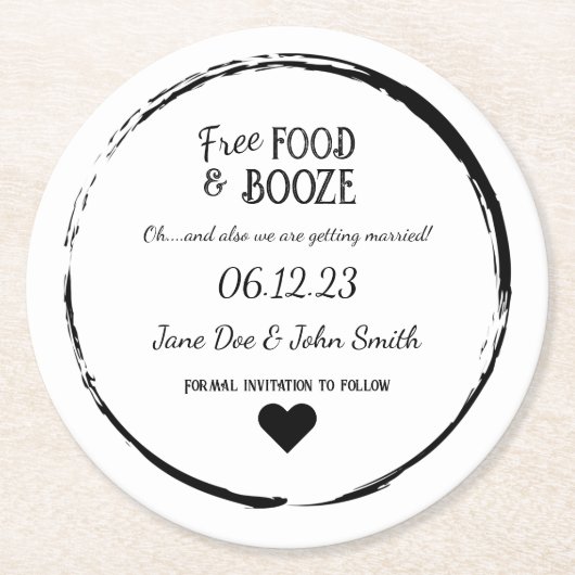 Save the Date Coaster - Free Food & Booze ラウンドペーパーコースター (正面)