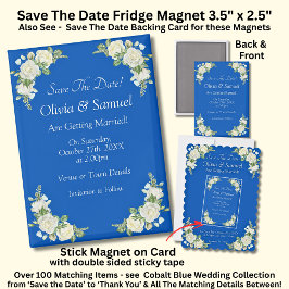 Save The Date, Cobalt Blue White 5" x 2.5" Fridge マグネット