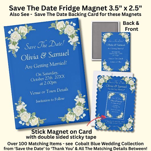 Save The Date, Cobalt Blue White 5" x 2.5" Fridge マグネット