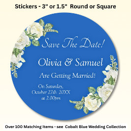 Save The Date - Cobalt Blue & White Roses Wedding  ラウンドシール