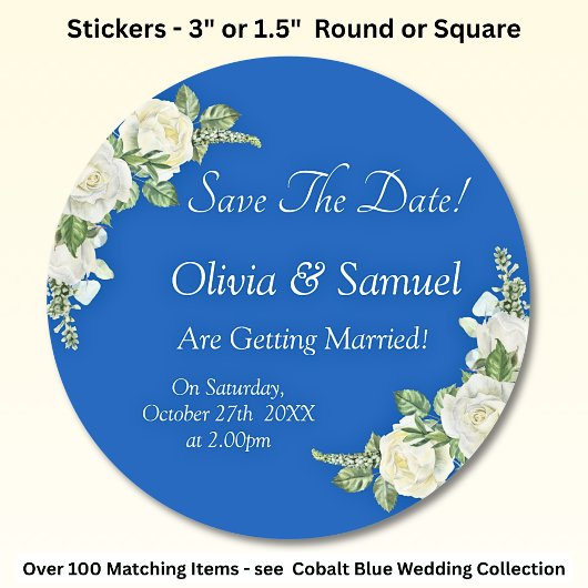 Save The Date - Cobalt Blue & White Roses Wedding  ラウンドシール
