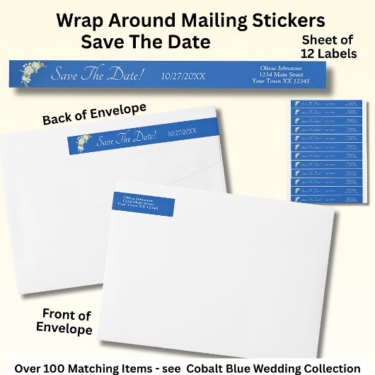 Save The Date, Cobalt Blue & White Roses Wedding ラップアラウンドラベル