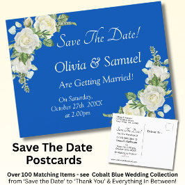 Save The Date - Cobalt Blue & White Roses Wedding  案内ポストカード