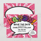 Save the Date Comic Book KAPOW 現代風ピンク色の楽しい漫画 案内ポストカード (正面/裏面)