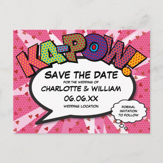 Save the Date Comic Book KAPOW 現代風ピンク色の楽しい漫画 案内ポストカード (正面)