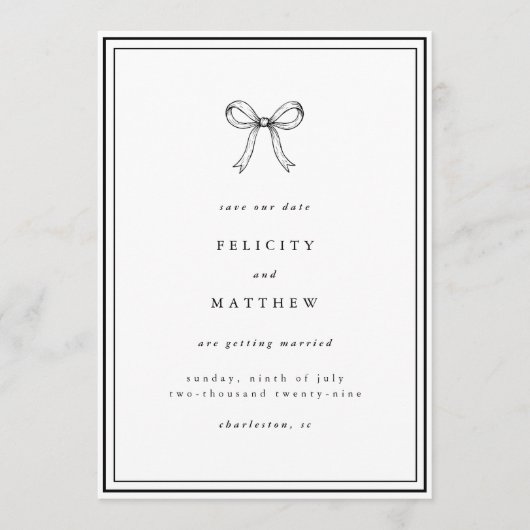 Save the Date | Coquette Bow Wedding Announcement セーブザデート (正面)