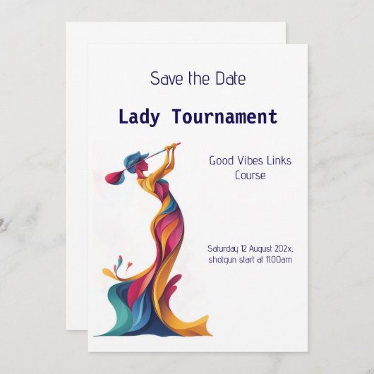 Save the Date Damengolf Turnier bunte Silhouette 招待状 (正面/裏面)